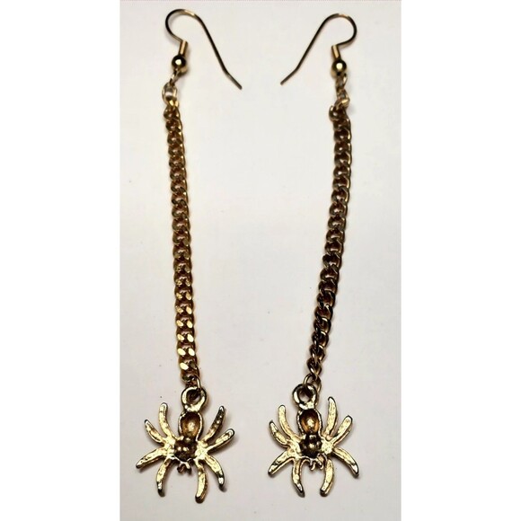 Gold Spider Drop Dangle Earrings 3.5" Unmarked Halloween Costume Jewelry Boho... - Picture 4 of 11